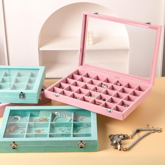 Velvet Jewelry Tray,12 Grid Jewelry Organizer with Clear Lid,Bracelets Holder,Je - Picture 2 of 7